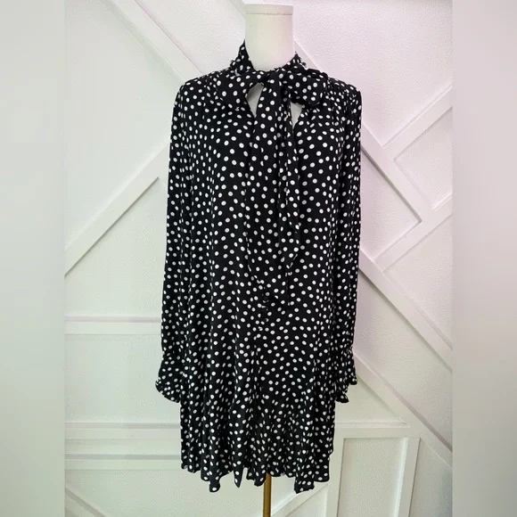 NWT Anthropologie Long-Sleeve Tie-Neck Swing Mini Dress Black And White Size Med - Picture 2 of 14